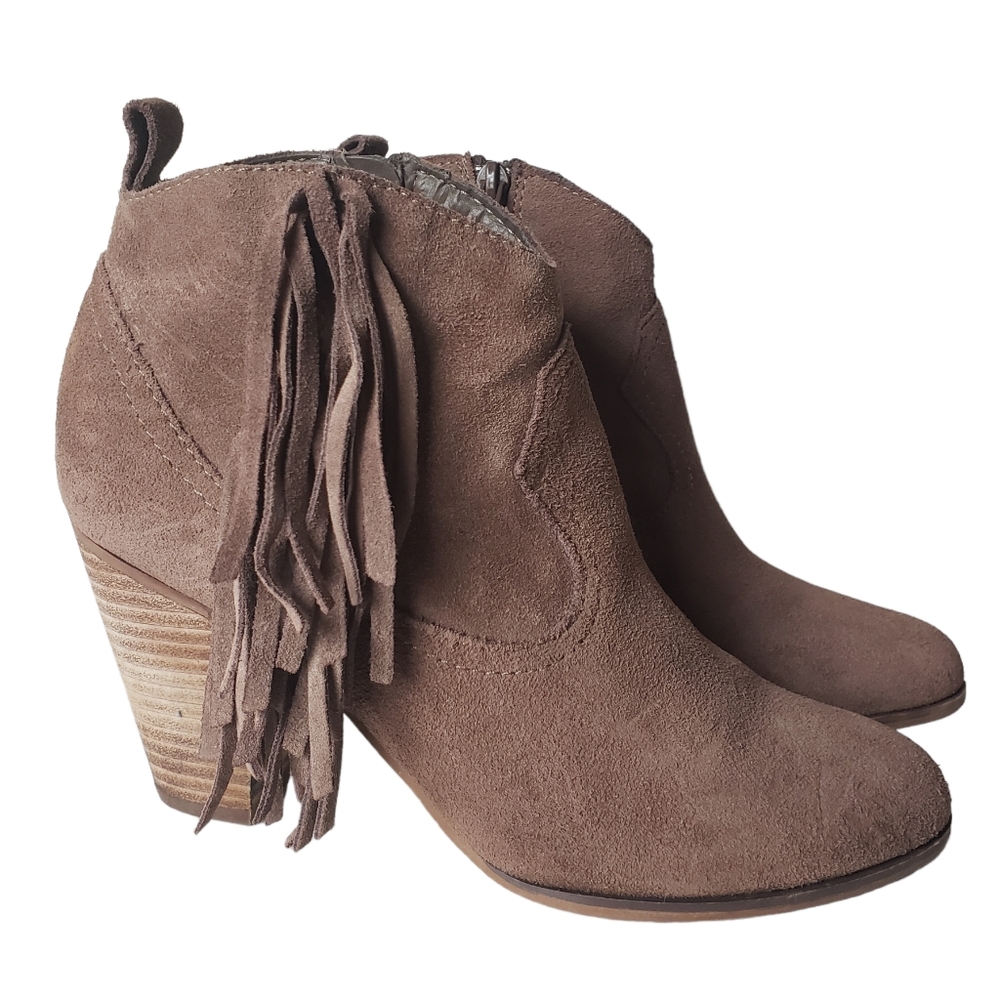 Steve Madden Ponncho Taupe Suede Leather Fringe Western Ankle Boot 3.5" Heel 8.5